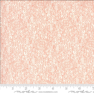 May include: White fabric with a geometric pattern in a light peach colour. The pattern is made up of thin lines that create a series of squares, rectangles, and triangles. The fabric is 44 inches (111.76 cm) wide and is perfect for quilting, sewing, and crafting.