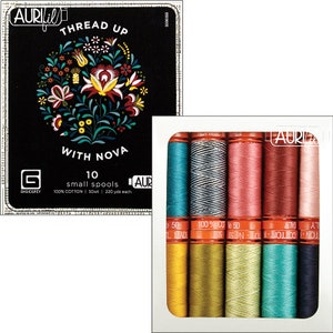 May include: A set of 10 small spools of 100% cotton thread in various colors, including teal, gray, pink, red, yellow, green, and blue. The spools are labeled "AURIfil" and "100% Cotton 50wt 220 yds each".
