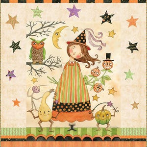 May include: A whimsical Halloween-themed illustration featuring a girl in a striped dress and witch hat, surrounded by stars, pumpkins, and an owl. The artwork has a vintage, storybook style with a warm color palette of orange, green, and beige.
