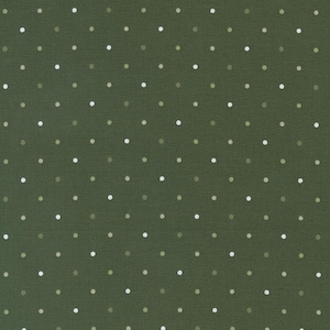 May include: Close-up of a fabric with a repeating polka dot pattern. The background is a dark olive green, and the dots are white and shades of green. The fabric has a textured appearance.