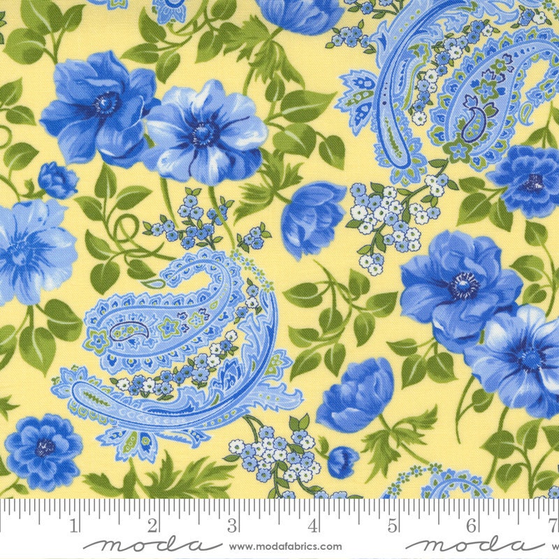 Quilt Fabric-by-the-1/2 yard by MODA 33610-13 Flowers and Paisley in Yellow SUMMER BREEZE Moda Quilt Fabric-by-the-1/2 yard by MODA 33610-13 Flowers and Paisley in Yellow SUMMER BREEZE Moda
