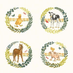 May include: A set of eight illustrated farm animal designs. Each animal is surrounded by a wreath of green leaves and flowers. The animals include a cow, goat, duck, horse, pig, lamb, donkey, and a chick.