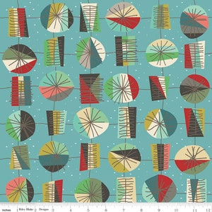 May include: A teal blue fabric with a repeating pattern of geometric shapes. The shapes are in shades of red, green, yellow, brown, and white. The pattern is reminiscent of mid-century modern design.