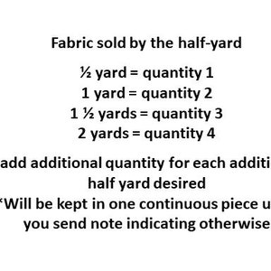 May include: A text-based chart showing how fabric is sold by the half-yard. The chart lists the quantity of fabric corresponding to the number of half-yards purchased. For example, 1 1/2 yards equals quantity 3. The chart also notes that additional fabric will be sold in continuous pieces unless otherwise requested.