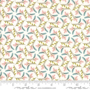 May include: White fabric with a repeating pattern of pink and blue floral sprigs. The fabric has a subtle texture and a slightly off-white background.