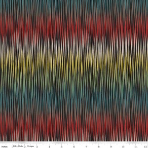 May include: A colorful fabric with a repeating pattern of black, red, yellow, blue, and white stripes. The stripes are arranged in a chevron pattern, creating a dynamic and eye-catching design.