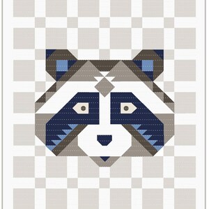 May include: Geometric illustration of a raccoon's face in shades of gray, blue, and white against a white and gray checkered background.