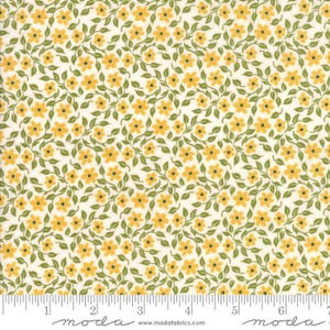 May include: A fabric with a repeating pattern of small yellow flowers and green leaves on a cream background. The floral design is evenly distributed across the fabric, creating a dense, textured appearance. The fabric is suitable for quilting and other craft projects.