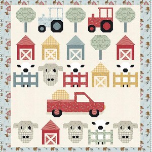 May include: A patchwork quilt featuring a farm scene with a red truck, tractors, barns, sheep, and trees. The quilt has a light blue border with animal and tree patterns. The main colors are red, blue, yellow, and white.
