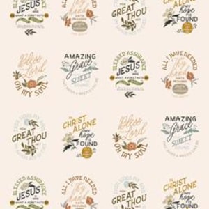 May include: A digital sheet featuring twenty repeating circular graphic designs arranged in a grid. Each design contains religious text, floral illustrations, and botanical elements in muted tones of brown, green, and cream on a light background.