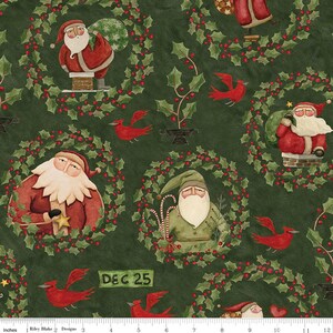 May include: Green fabric with a repeating pattern of holly wreaths, red cardinals, and Santa Claus figures. The fabric features the text "DEC 25" in a white banner.