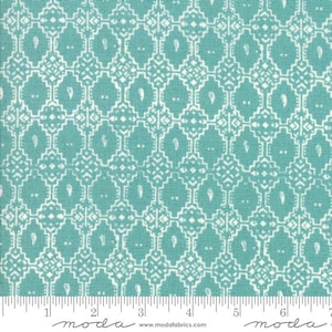 May include: Teal and white patterned fabric with a geometric design. The fabric features a repeating pattern of diamond shapes, paisley motifs, and decorative elements. The fabric is suitable for quilting, sewing, and crafting projects.