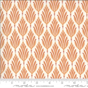 May include: Orange and white fabric with a repeating pattern of stylised leaves. The fabric is marked with a ruler in inches and the text "moda" appears twice.