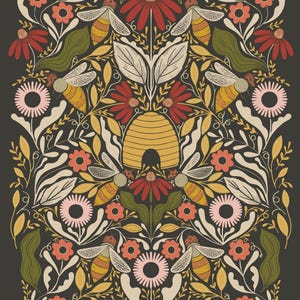 May include: A symmetrical illustration of a beehive surrounded by bees, flowers, and leaves. The beehive is yellow and brown with a round opening. The bees are yellow and black with brown stripes. The flowers are red, pink, and white. The leaves are green and brown.