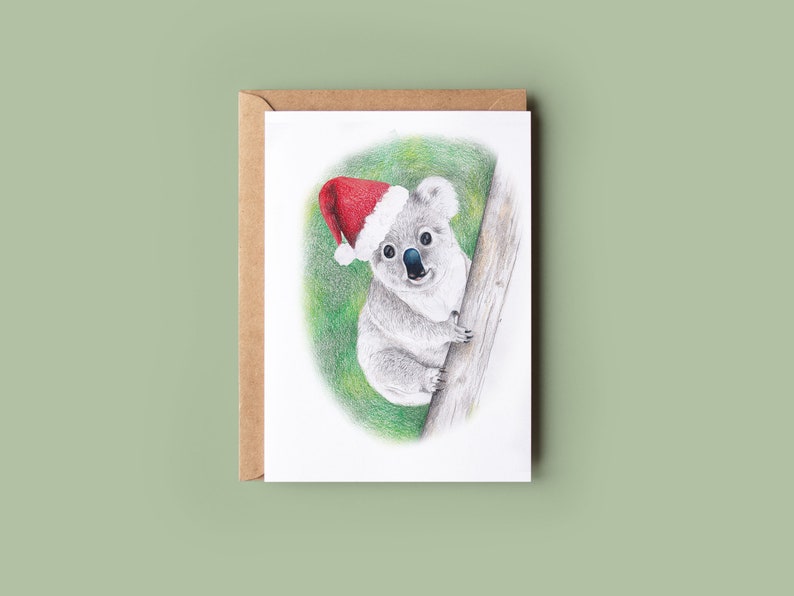 Australian Koala Christmas card, Australian Gift, Santa Hat, Koala Bear image 1