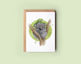 Baby Koala Greeting Card, Native Australian Animal Gift, Made in Australia, Baby Animals, Cork Hat