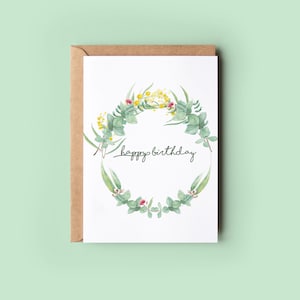 Australian Native Flowers Bouquet, Happy Birthday, Gum Leaves, Protea und Wattle