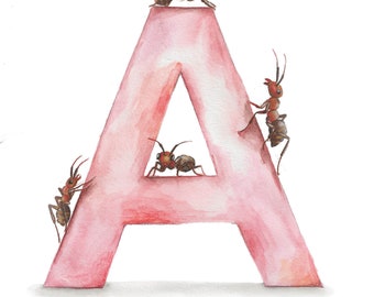 Letter A Animal Alphabet Print, Watercolor Nursery Art