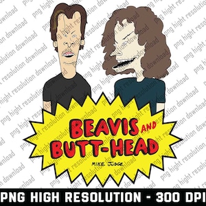 May include: A yellow cartoon speech bubble with the text "Beavis and Butt-Head" in red and black letters. The text "Mike Judge" is below the main text in smaller letters. Two cartoon characters are behind the speech bubble. One character has brown hair and is wearing a black shirt. The other character has brown hair and is wearing a blue shirt.