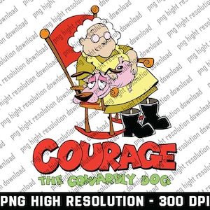 May include: A cartoon illustration of Courage the Cowardly Dog, a pink dog with a worried expression, sitting on a rocking chair with Muriel, an elderly woman with gray hair and glasses. The text "COURAGE THE COWARDLY DOG" is written in red letters below the image.