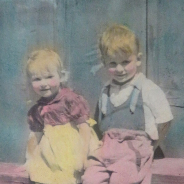Adorable 1930's Hand Tinted Little Boy & Girl RPPC Real Photo Postcard