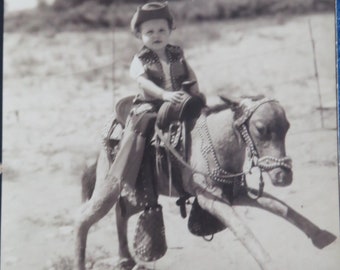 Riding High - Adorable 1930's Little Girl On Stuffed Pony Dude Ranch Vacation Photo/Photograph