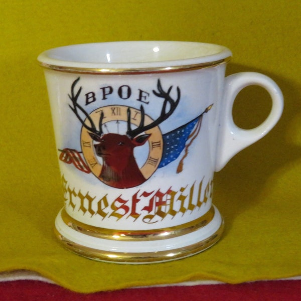 Antique 1900's Occupational Shaving Mug Elks Club BPOE A. Ernest Miller Corydon Iowa - Patriotic