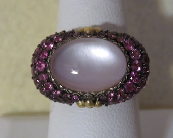 Original Barbara Bixby Sterling Silver 18 Karat Yellow Gold Highlight Pink Mop Doublet & Tourmaline Ladies Ring - Size 8