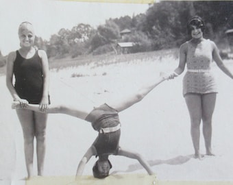 Beach Gymnastics - 1920's Young Bathing Beauties At The Beach Snapshot Photo
