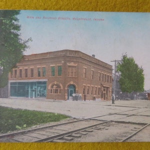 Original 1908 Main & Railroad Streets Medaryville Indiana Color Photo Postcard