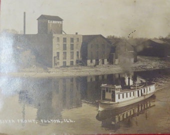 Original 1900's Fulton Illinois River Front Fulton Elevator RPPC Real Photo Postcard