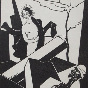 May include: Black and white woodcut print depicting two figures. One figure is standing, with a long, flowing robe and a distressed expression. The other figure is lying down, with a hat and a beard. The print is titled "Bosch" in the lower right corner.