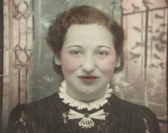 1940s Hand Tinted Photo Booth Photograph: Young Woman Portrait