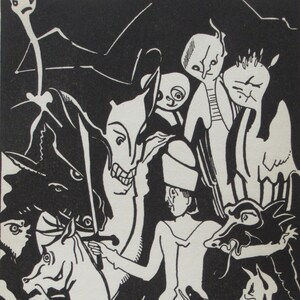 May include: Black and white illustration of a group of fantastical creatures. The creatures are drawn in a stylized, abstract style. The illustration is reminiscent of a surrealist painting.