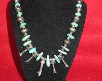Vintage 1960's Hand Made Sterling Silver Turquoise Squash Blossom Native American Indian Necklace