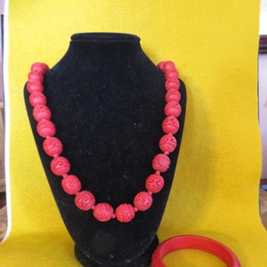 Vintage Chinese Cinnabar Bangle Bracelet & Matching Necklace