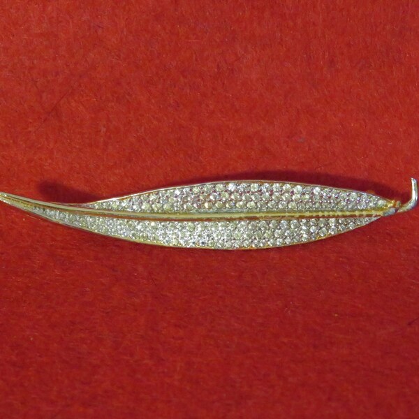 Scarce 1950's Nettie Rosenstein Designer Gold Tone Rhinestone Leaf Brooch Pin