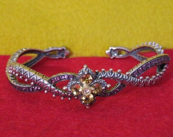 Amazing Barbara Bixby Sterling Silver 18 Karat Gold Highlight Pink Garnet Floral Cuff Hinged Bracelet