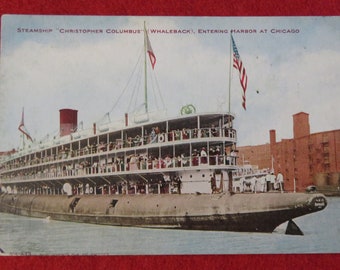 1900's Whaleback Steamer Christopher Columbus Entering Chicago Harbor Color Souvenir Postcard