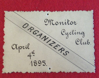 Original 1895 Monitor Cycling Club Organizer Cardboard Badge - Early Bicycle Club Ephemera