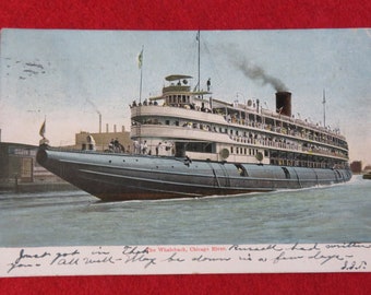1908 Whaleback Steamer Christopher Columbus Chicago River Color Souvenir Postcard
