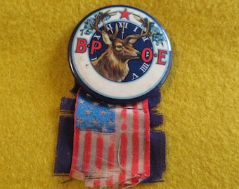 Patriotic 1900's BPOE Elks Lodge Celluloid Button & Ribbon - Whitehead and Hoag Company