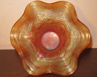 Vintage 1930's Marigold Carnival Glass Ruffled Bowl Holly & Berry
