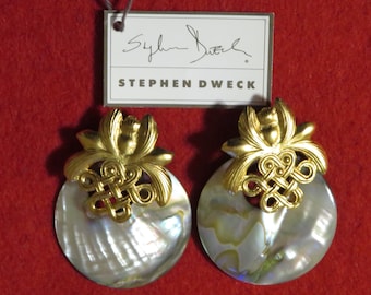 Original 1990's Stephen Dweck Gold Vermeil Orchid with Abalone Hoop Earring Set