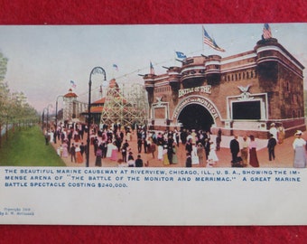 Original 1910's Riverview Chicago Amusement Park Photo Postcard - Battle Of The Monitor & Merrimac
