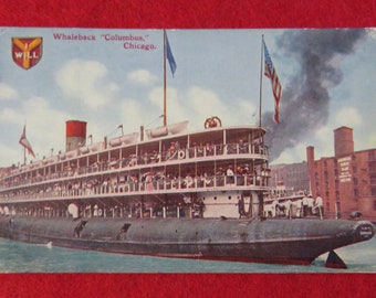 1912 Whaleback Steamer Christopher Columbus Chicago River Color Souvenir Postcard