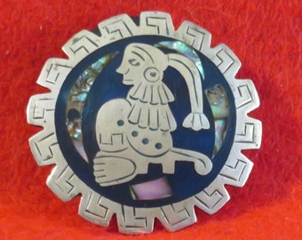 Vintage 1970's Mayan Aztec King Sterling Silver Necklace Pendant Brooch Pin