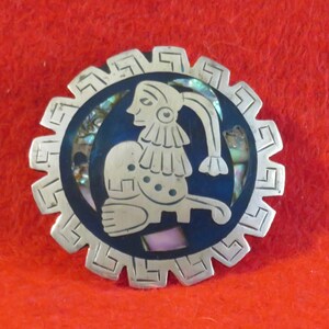 Vintage 1970&#39;s Mayan Aztec King Sterling Silver Necklace Pendant Brooch Pin