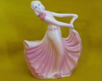 Awesome 1940's Hull Pottery Sexy Dancing Girl Pink Dress Ceramic Planter Made In USA # 955