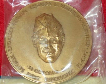 Vintage 1970s Charles Yeager Bronze Medallion Paperweight (Sealed)